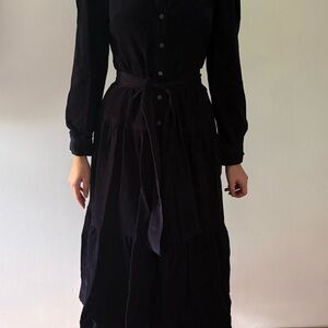 Boden navy blue fine wale corduroy Dress; dropped waist and removable tie belt